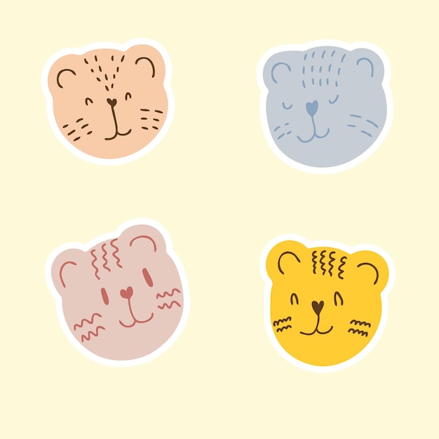 A set of stickers of tiger muzzles in pastel colors Hand drawn vector illustration for decor and design