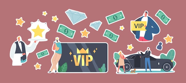 Set of Stickers VIP Card, Celebrity Persons Lifestyle. Luxury Characters with Gold Cards Get Premium Service, Woman with Dog Enter Limousine, Waiter Carry Star on Tray. Cartoon Vector Illustration