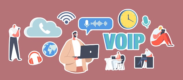 Set of Stickers VOIP Technology, Voice over IP Concept. Characters Use Telephony, Telecommunication System via Cloud Storage. Wireless Telephone Network Connection. Cartoon People Vector Illustration