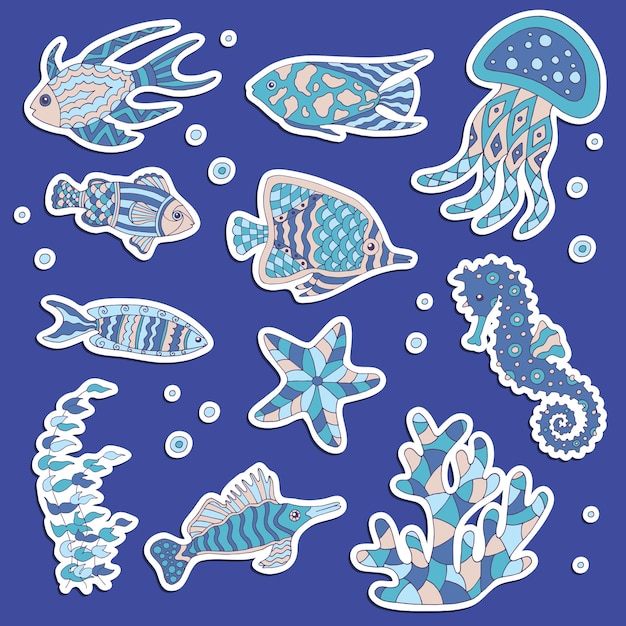 set of stickers with abstract hand-drawn sea fish, jellyfish, seahorse with patterns, algae and corals.