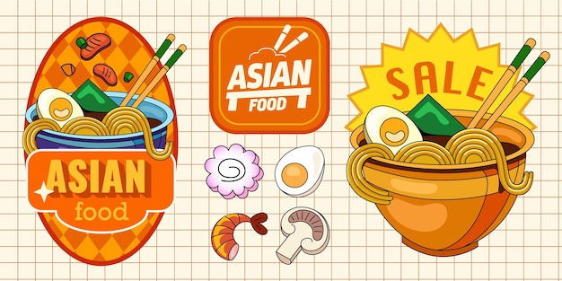 Set of stickers with asian cuisine logo in asian style and food items