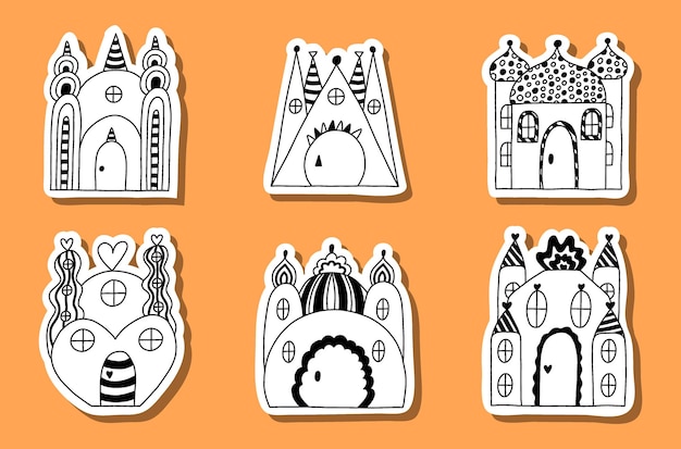 Set of stickers with childish fairy tale castles with towers of kings queens Magic medieval castle