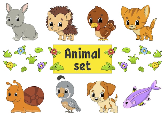 Set of stickers with cute cartoon characters. Animal clipart.