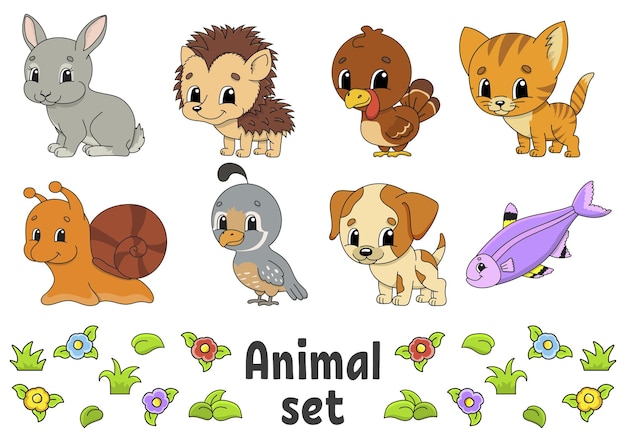 Set of stickers with cute cartoon characters Animal clipart