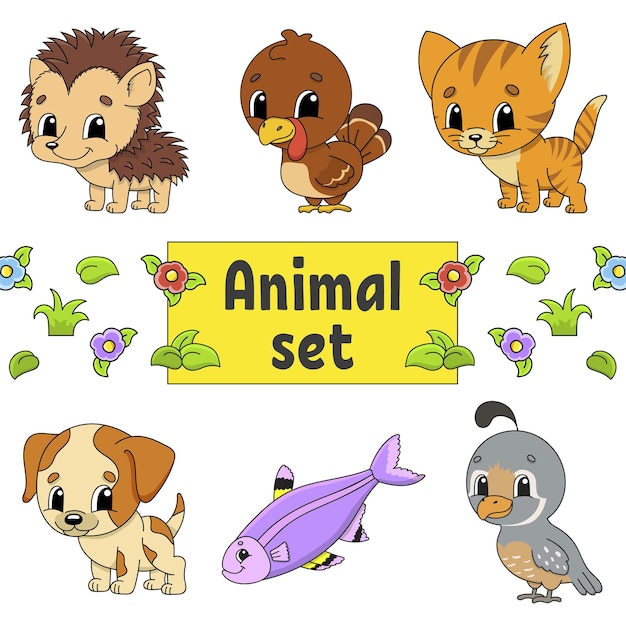 Set of stickers with cute cartoon characters Animal clipart