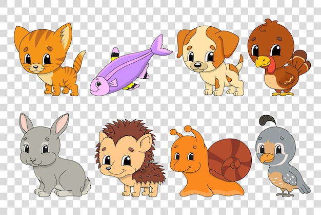 Set of stickers with cute cartoon characters. Animal clipart.