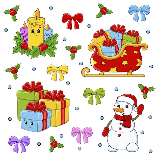 Set of stickers with cute cartoon characters. Christmas theme. Hand drawn.