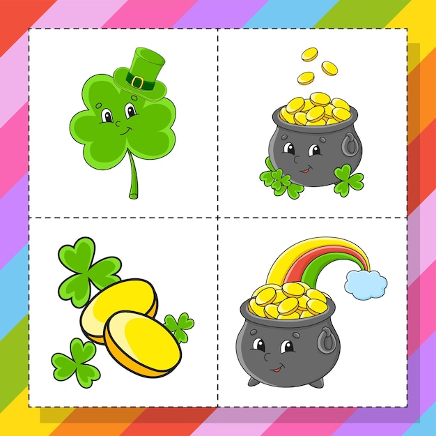 Set of stickers with cute cartoon characters Hand drawn Colorful pack St Patrick's day