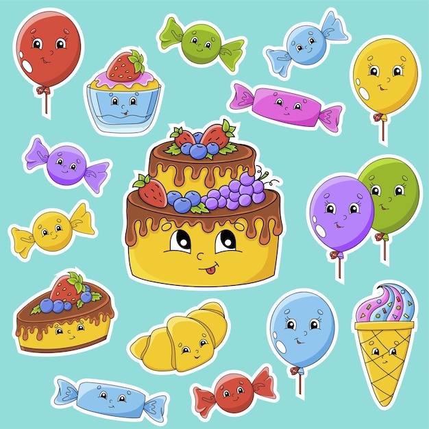 Set of stickers with cute cartoon characters. Happy birthday theme. Hand drawn. Colorful pack.