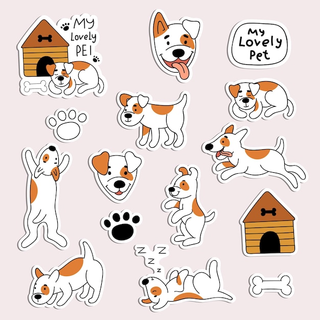 A set of stickers with cute dogs. Pets, animals, puppy. Doodle style illustration