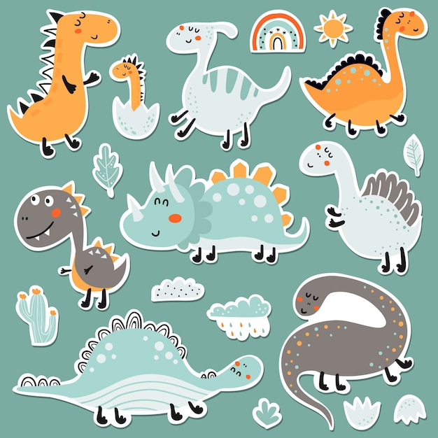 Set of stickers with dinosaurs, clouds and plants