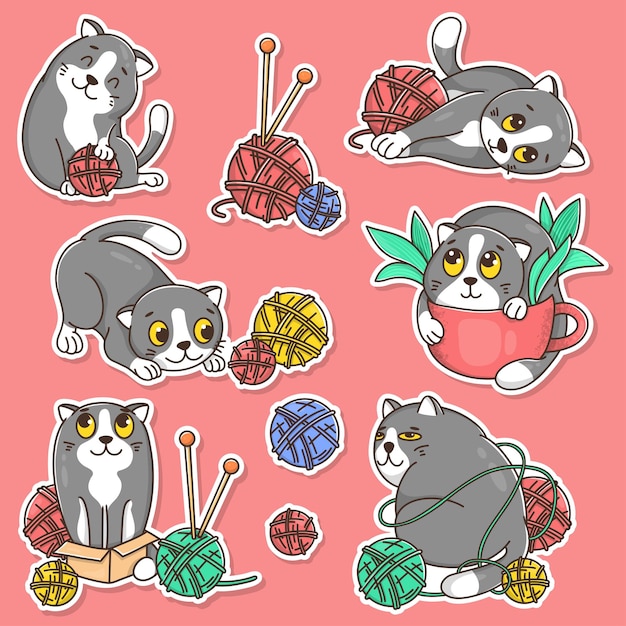 Set of stickers with a funny cat and balls of wool for knitting