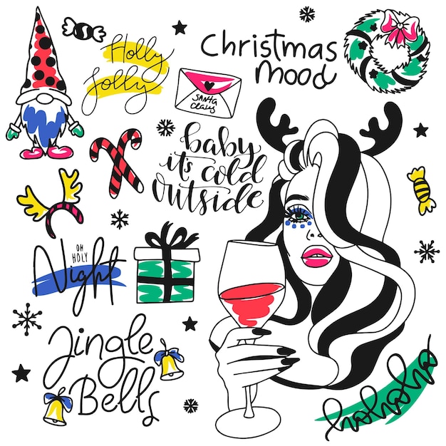 Set of stickers with a girl with bright makeup and holiday decorations