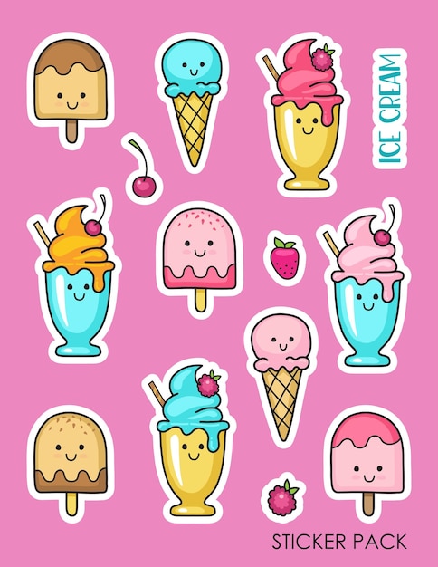 Set of stickers with ice cream and berries