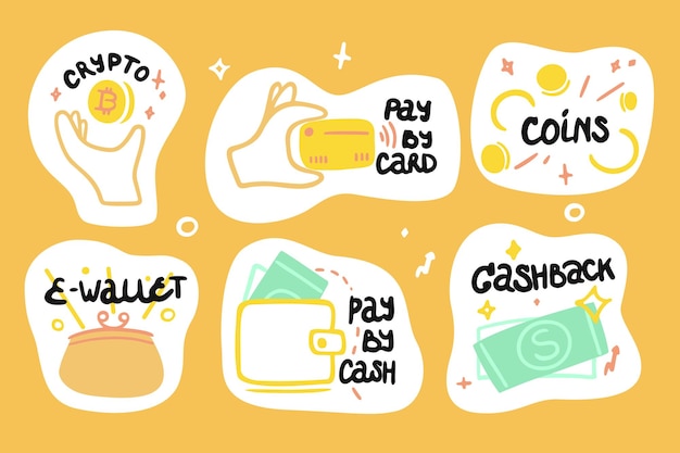 Set of stickers with money crypto pay by card pay by cash ewallet cashback coins Vector hand