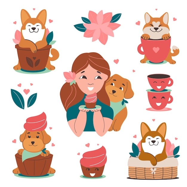 The set of stickers with puppies is and cute girl for birthday party. The dogs in love with cupcake, cup, flowers is good for holiday designs, dog days. The vector illustration