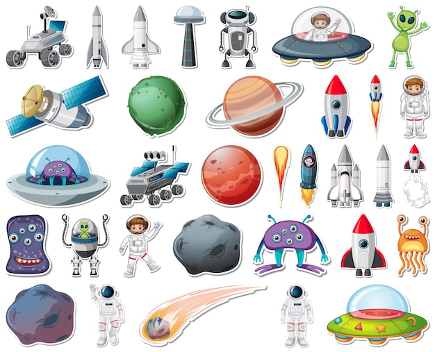 Set of stickers with Solar system objects isolated