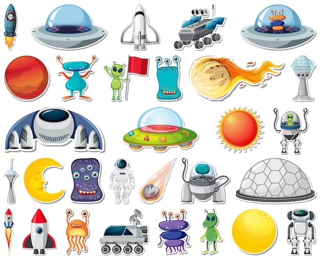 Set of stickers with Solar system objects isolated