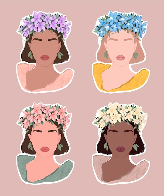 Set of stickers with women in a wreath of flowers Flat modern illustration for poster magazine book cover