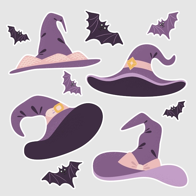 A set of stickers wizard's hat and bats vampires for Halloween Happy Halloween stickers