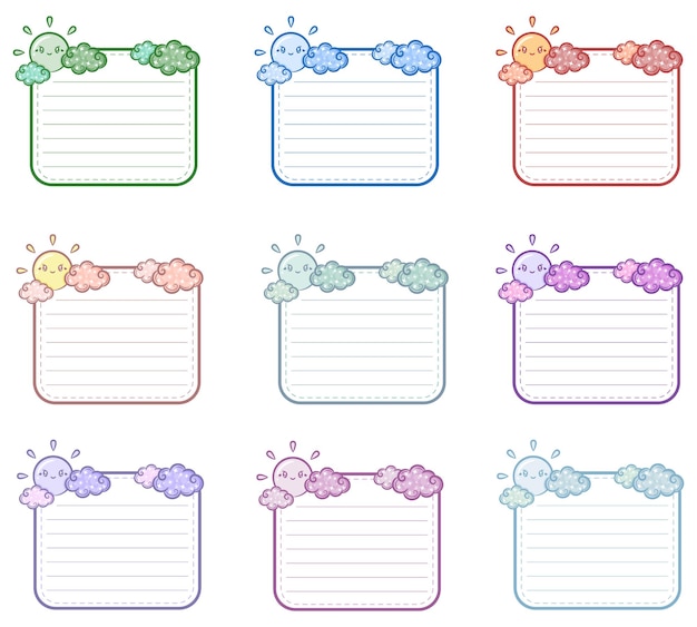 set of sticky cute sun and clouds frames letter notes for writing with pastel coloring