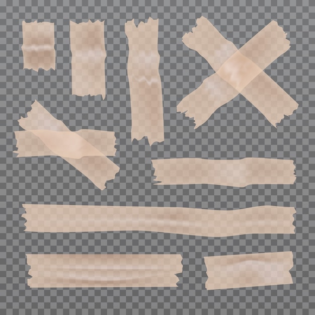 Set of sticky glue scotch tape pieces isolated on transparent background. Adhesive stripes.