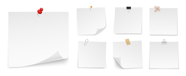 Set of sticky notes paper with push pin, adhesive tape, binder clip. Blank paper sheets for note. Front view. Templates for your message.