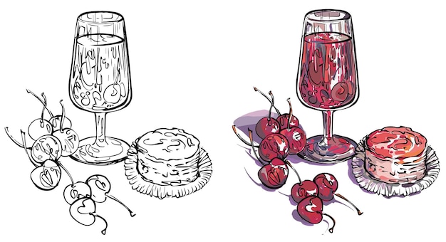 Set of still life drawings of cocktail glass with cherry cake vector line black and white and color