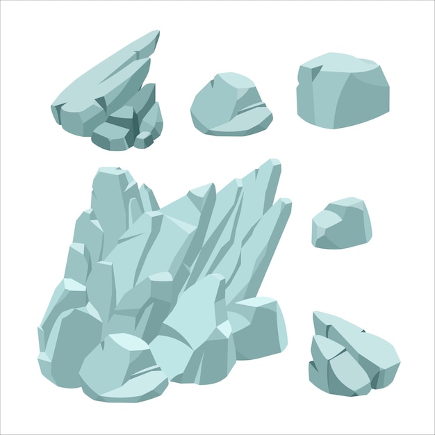 A set of stone boulders ancient building block granite or marble rock Color vector illustration