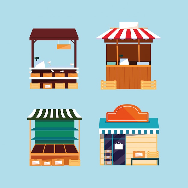 Set of store facades and street or market stand