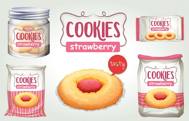 Vector set of strawberry cookies in different packages