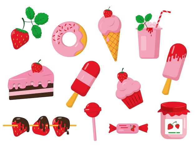 Set of strawberry desserts. Sweet  icons isolated on white background.