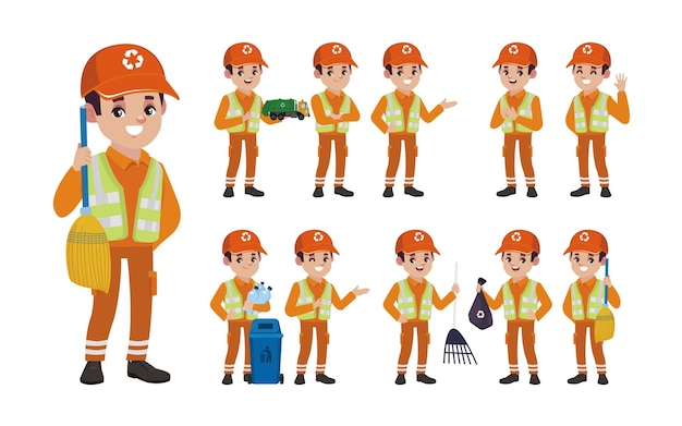 Set of street cleaner with different poses