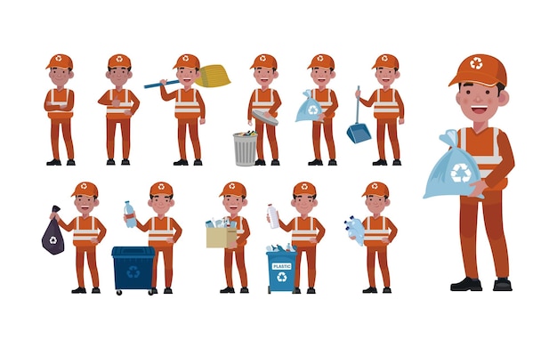 Set of street cleaner with different poses