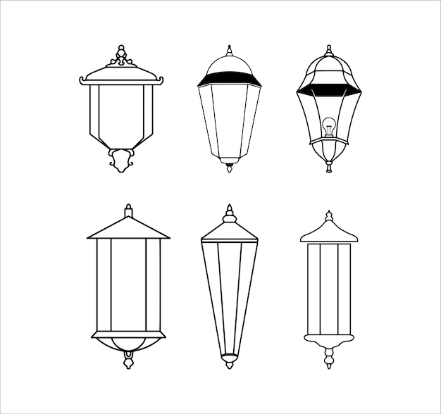 Set of Street Light Lantern Illustrations on White Background