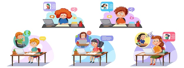 Set of student cartoon character online learning and meeting