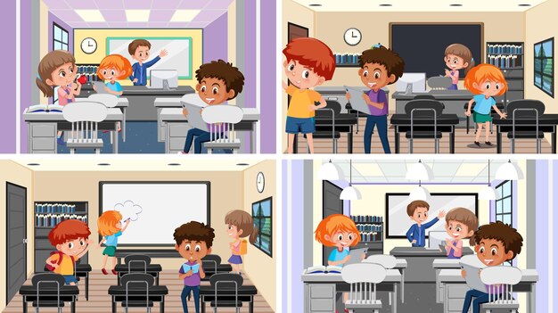 Vector set of student in the classroom scene