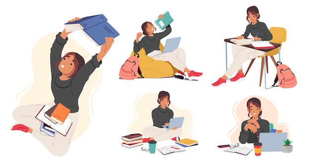 Vector set student girl character in different situations learning prepare for exam work on laptop sitting at desk with book