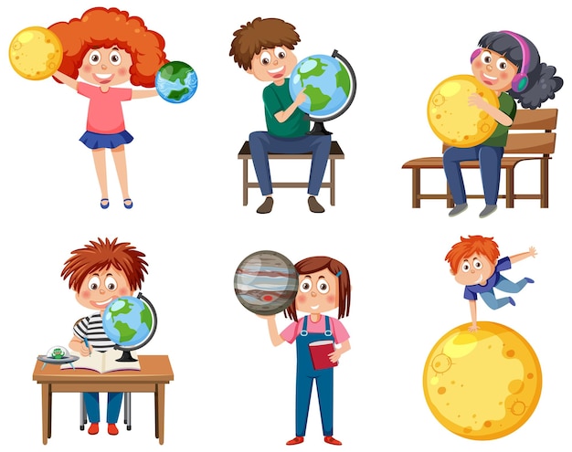 Set of student kids learning astronomy