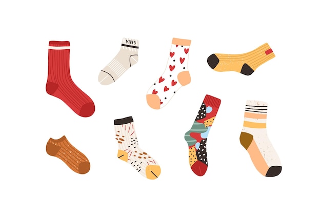 Set of stylish cotton and woolen socks with different drawings, patterns, colors and design. Collection of cute winter footwear isolated on white background. Colorful flat textured vector illustration