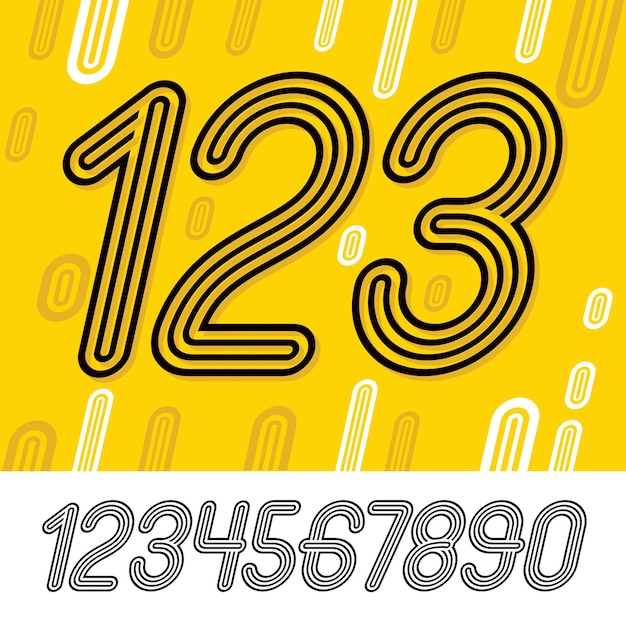 Set of stylish retro vector digits, modern numerals collection. Trendy italic numerals from 0 to 9  can be used in poster creation. Created using triple stripy, parallel lines.