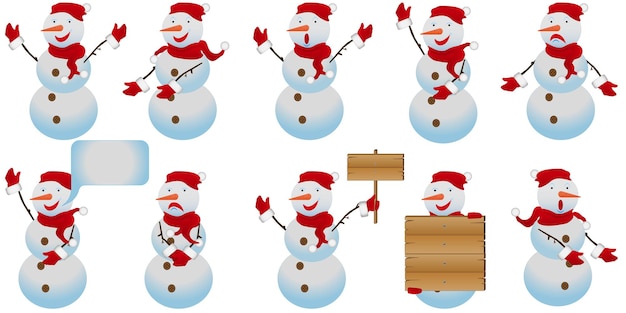 A set of stylish snowmen with different facial expressions and in different poses