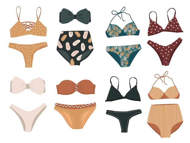 Set of stylish swimsuits in various shapes and colors. Fashion swimwear and bikinis top and bottom.