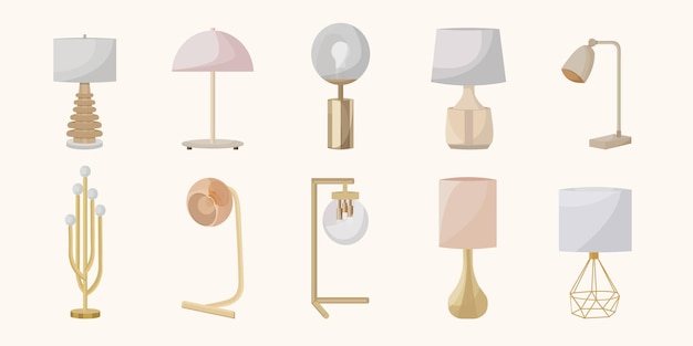 A set of stylish table lamps Interior items for a modern home Vector objects isolated on a white background