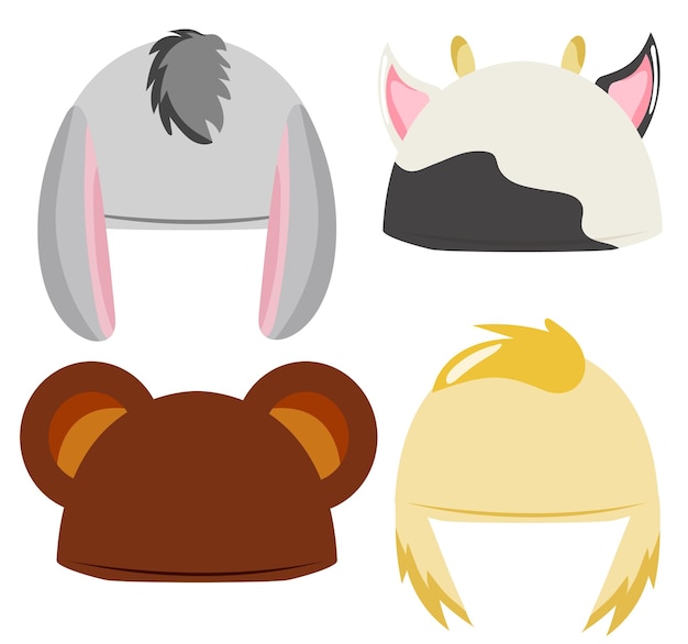 Vector set of stylized childrens hats with an animal print namely with bear cow donkey and chicken