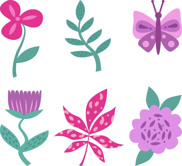 A set of stylized colors highlighted on a white background. Vector flowers in cartoon style