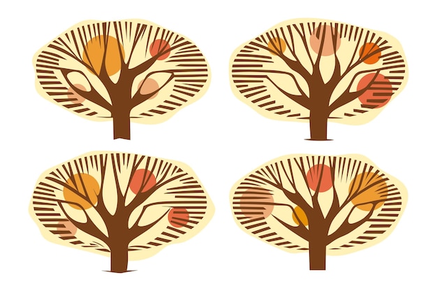 Set of stylized trees autumn trees isolated on white background