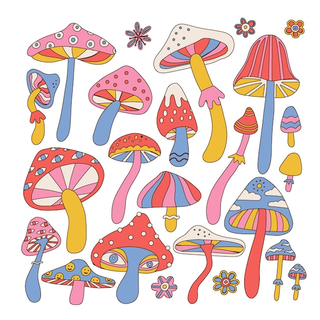 Set of stylizes hippie mushrooms summer psychedelic elemenst in s and s style vibrant groovy and fun