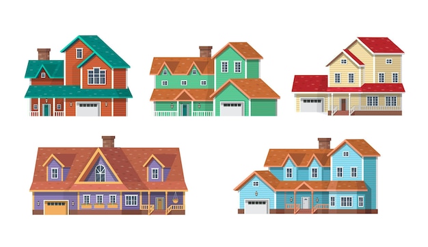 Set suburban houses, cottages and villas. Vector cartoon illustration for games or animation.