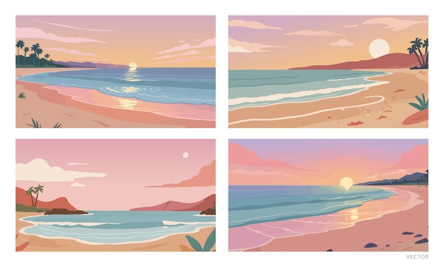 Vector set of summer background sunset on the beach